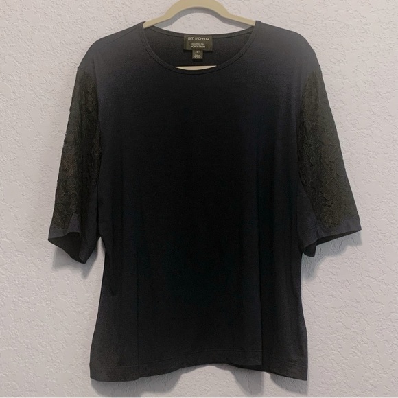 St. John For Nordstrom Navy Blue Stretch Short Sleeve Lace Pullover Top - Picture 1 of 5